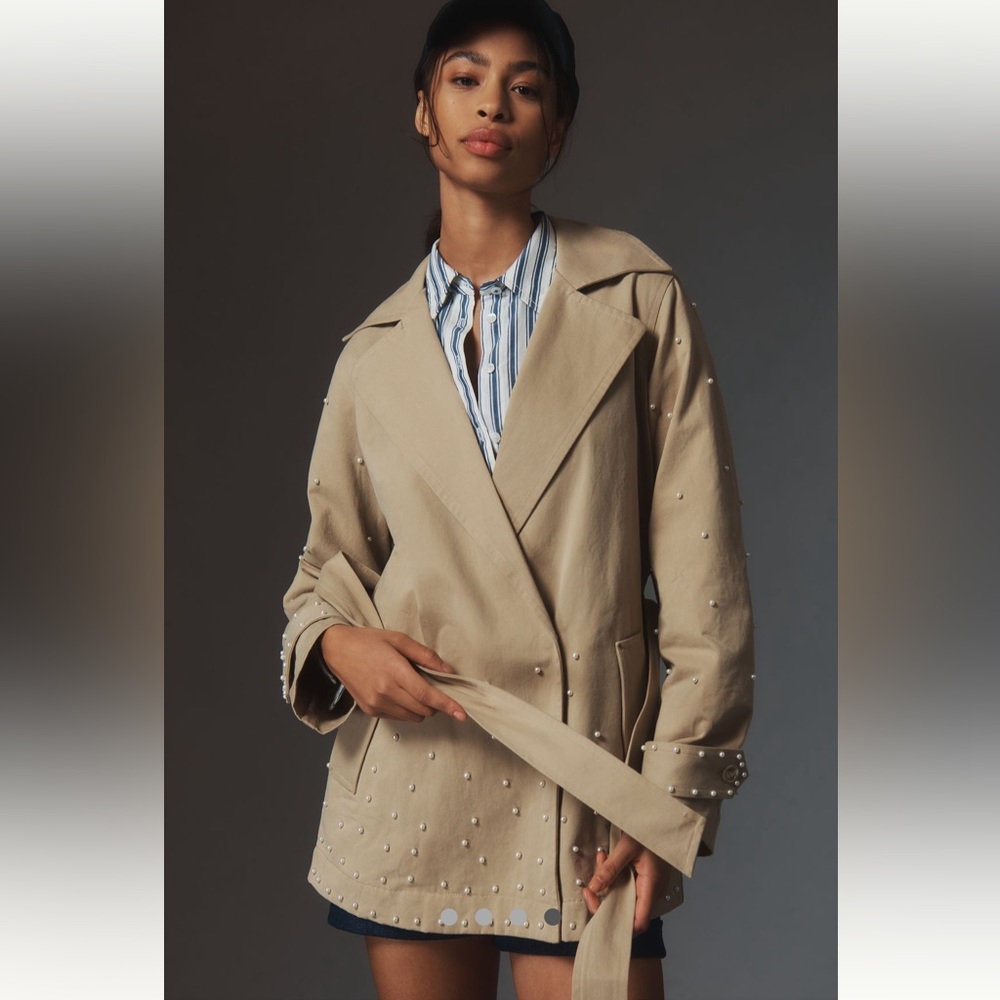 Anthropologie Beige Pearl-Embellished Trench Coat - Picture 4 of 9